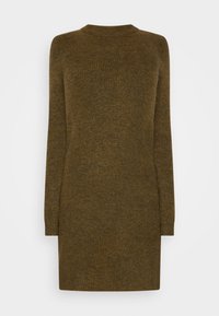 Braunes Strickkleid mit langen Ärmeln, rundem Ausschnitt und strukturierter Oberfläche. Fällt bis über das Knie, hat eine normale Passform und keine Verzierungen.