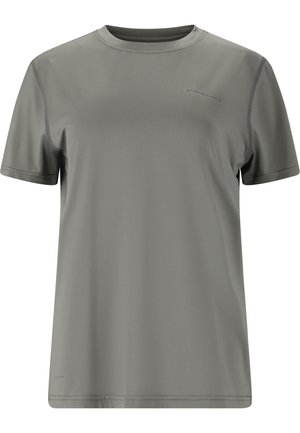 Grijze sportt-shirt met korte mouwen, gemaakt van vochtafvoerend materiaal, heeft een ronde hals, een gladde textuur en een subtiel merkje op de borst.
