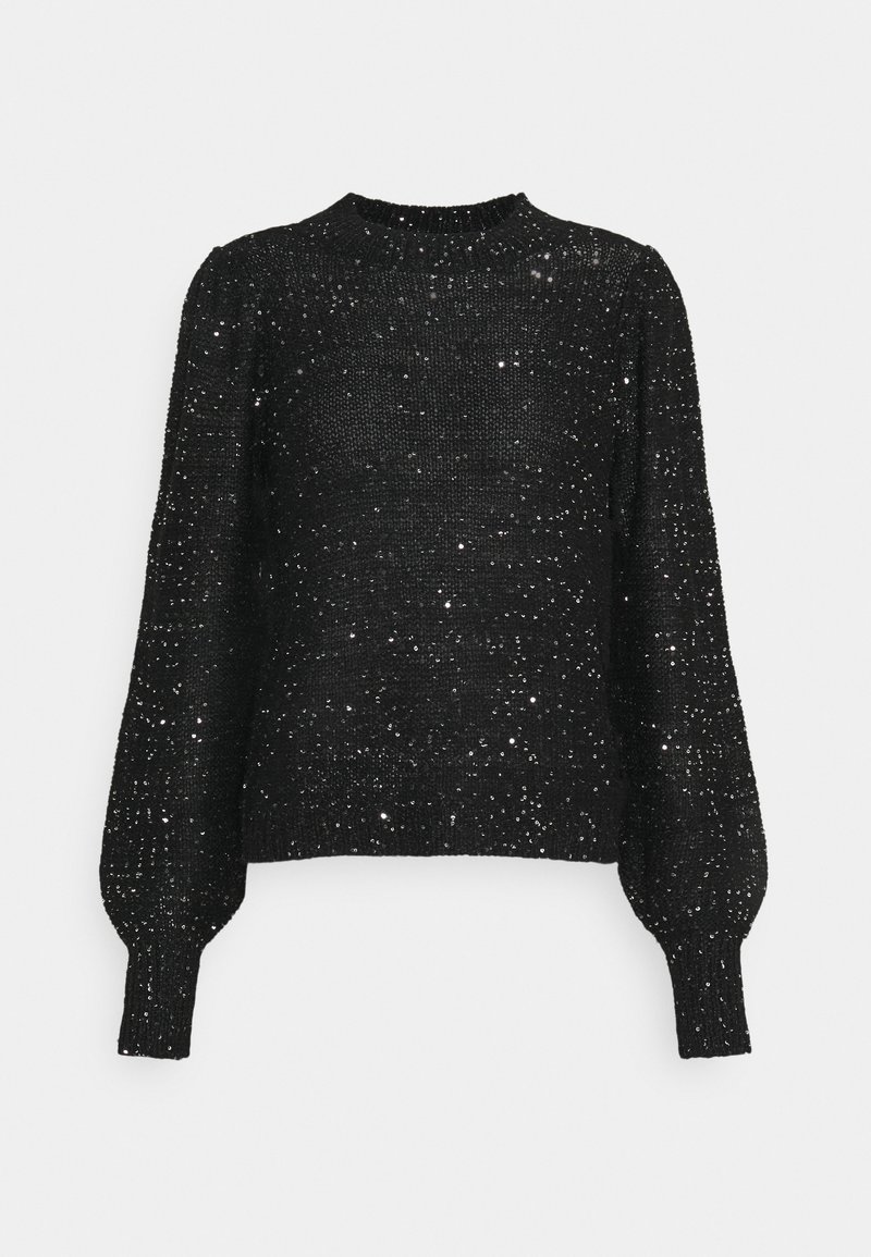 Zwarte gebreide trui met een ronde hals, lange pofmouwen en een gestructureerd patroon met verspreide zilveren vlekjes.