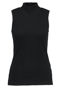 Černý bezrukávový rolák s žebrovanou strukturou, přiléhavým střihem a vysokým výstřihem, vyrobený z měkké, elastické látky.