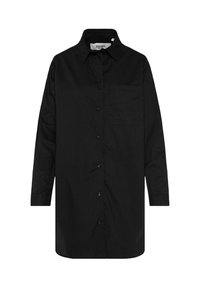 Black button-up shirt made of cotton blend, featuring a pointed collar, long sleeves, a front pocket, and a straight hem.
