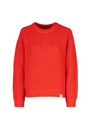 Roter, gestrickter Pullover mit geripptem Muster, rundem Ausschnitt und langen Ärmeln. Hat ein kleines Etikett am Saum.