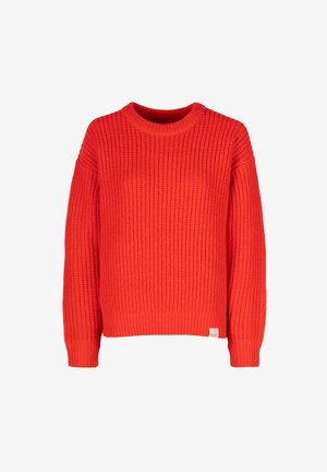 Roter, gestrickter Pullover mit geripptem Muster, rundem Ausschnitt und langen Ärmeln. Hat ein kleines Etikett am Saum.