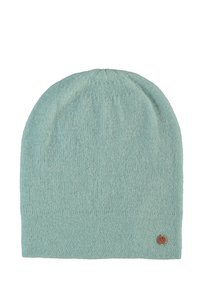 Knit beanie in light mint green, featuring a rolled cuff and a small metal logo accent. Soft texture, simple and streamlined design.
