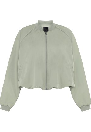 Blouson aviateur gris clair avec fermeture éclair devant, col et poignets côtelés, poches latérales, coupe raccourcie avec ourlet légèrement froncé.