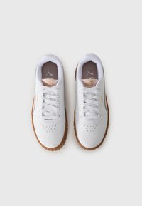 White athletic shoes with a smooth leather upper, rubber sole, and round toe, featuring round laces and a subtle brand logo detail.