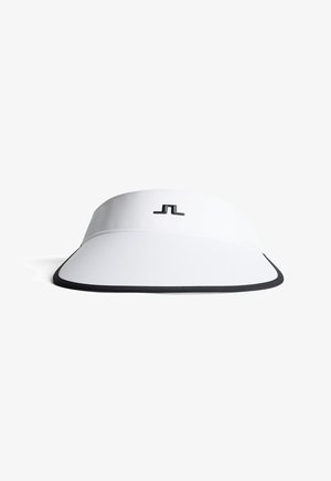 Valkoinen visori, joka on valmistettu kankaasta ja jossa on musta lippa ja logo. Tasainen pinta, jossa on minimalistinen muotoilu ilman kuvioita, täydellinen ulkokäyttöön.