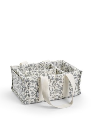 Organizzatore rettangolare in tessuto con stampa floreale, scomparti divisi e due manici crema.