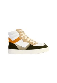Baskets montantes présentant un mélange de daim blanc, beige, orange et vert avec des accents métalliques. Semelle blanche épaisse et design à lacets.