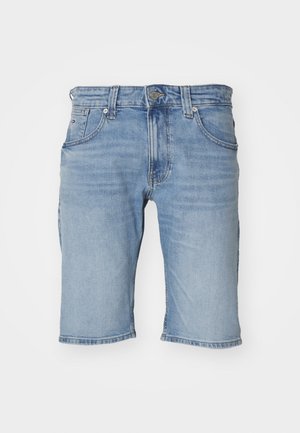 Lichtblauwe denimbroekshorts met een rechte pasvorm, vijf zakken, rafelige randen en zichtbare stiksels. Knopen en ritssluiting.