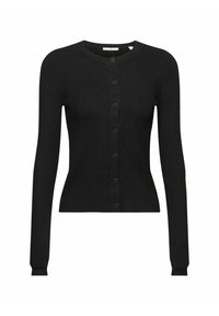 Zwarte gebreide cardigan met een ronde halslijn, lange mouwen en een knoopsluiting aan de voorkant. Getextureerd geribd ontwerp en een getailleerde pasvorm.