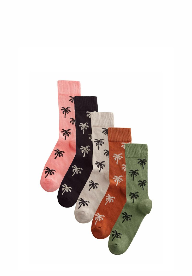 Cinq paires de chaussettes de longueur mi-mollet en rose, noir, vert foncé, beige et orange, chacune ornée de motifs de palmiers noirs.