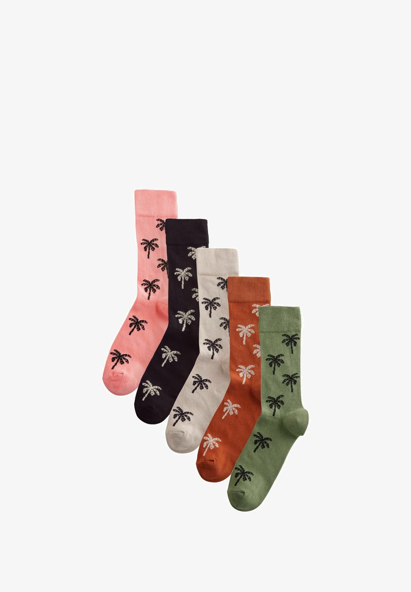Cinq paires de chaussettes de longueur mi-mollet en rose, noir, vert foncé, beige et orange, chacune ornée de motifs de palmiers noirs.