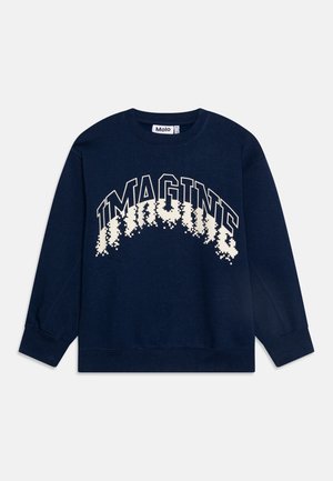 Sweat-shirt à manches longues bleu marine avec le texte "IMAGINE" en police blanche pixellisée courbée sur la poitrine, col rond.