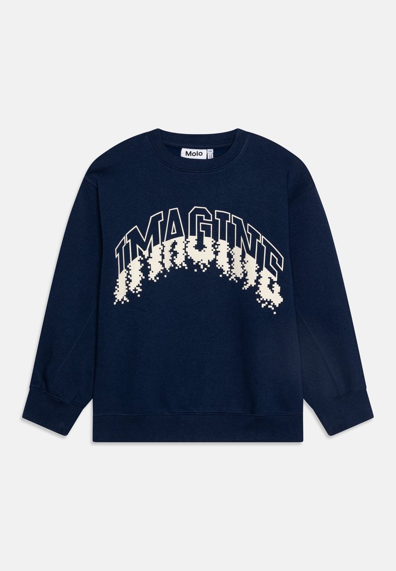 Sweat-shirt à manches longues bleu marine avec le texte "IMAGINE" en police blanche pixellisée courbée sur la poitrine, col rond.