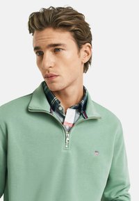 Hellgrüner Reißverschluss-Pullover mit weicher Textur, ausgestattet mit einem gestreiften Kragen und einem kleinen Logo. Getragen über einem karierten Hemd.