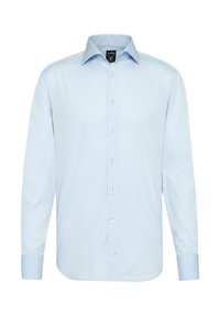 Hellblaue Langarmbluse aus glattem Stoff, mit klassischem Kragen und weißen Knöpfen auf der Vorderseite.