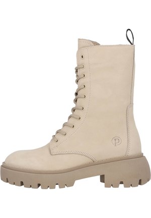 Beige leather ankle boots with a rounded toe, lace-up front, sturdy platform sole, and black pull tab at the back. Subtle logo detail on side.