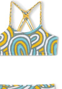 Multikleur bikini-top met een geometrisch patroon van blauw, geel en grijs. Stijlvolle strappy achterkant met gevlochten accenten.