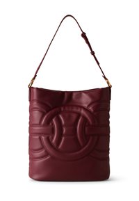 Deep burgundy leather shoulder bag with circular stitched pattern and adjustable strap with gold-tone hardware.