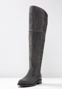 Gray suede over-the-knee boot with a rounded toe, smooth texture, and a low block heel. Features minimal stitching and clean lines.