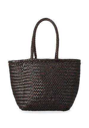 Borsa a mano in paglia intrecciata color marrone scuro, con due manici robusti e un design ampio e arrotondato. Superficie strutturata con finitura naturale.