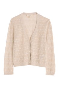 Cardigan de punto beige con escote en V, cinco botones, rayas texturizadas y mangas largas. El patrón de tejido añade un interés visual.