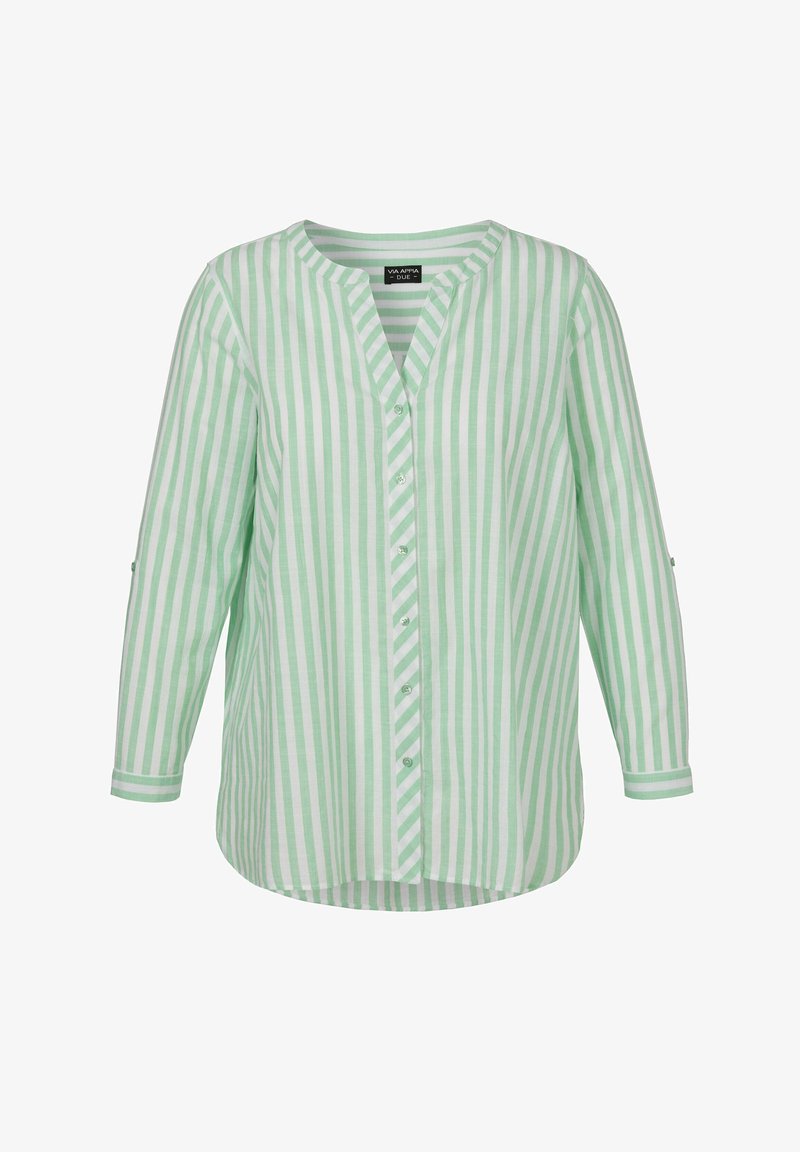 Grünes und weißes gestreiftes Hemd mit V-Ausschnitt, durchgehender Knopfleiste, Dreiviertelärmeln und abgerundetem Saum. Baumwollmaterial, glatte Textur.