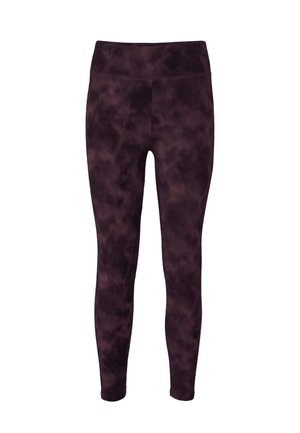 Lila Batik-Leggings mit hohem Bund, aus einem dehnbaren, weichen Stoff gefertigt, mit einer figurbetonten Passform und knöchellanger Schnittführung.