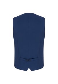 Granatowa kamizelka z teksturowanym wykończeniem, z tylnym rozcięciem i dwoma guzikami do regulacji. Czyste linie i dopasowany fason.