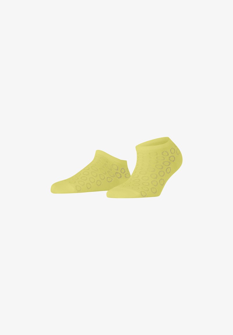 Gelbe Knöchelsocken mit einem strukturierten Muster aus Kreisen. Hergestellt aus einem weichen Material, bieten sie ein niedrig geschnittenes Design für einen angenehmen Sitz.