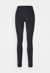 Leggings negros con una cinturilla alta, hechos de un material elástico. Presentan costuras mínimas y un pequeño logo en la parte inferior de la pierna izquierda.