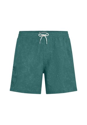 Turquoise zwemshorts met elastische tailleband en witte trekkoorden, met een subtiel logo op het onderste linkerpijpje.