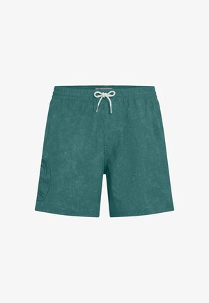 Turquoise zwemshorts met elastische tailleband en witte trekkoorden, met een subtiel logo op het onderste linkerpijpje.