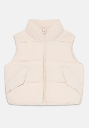 Ljusbeige vadderad väst med hög krage, dragkedja framtill och två sidofickor. Slät yta och något quiltad design.