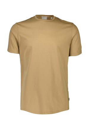 T-shirt beige a maniche corte realizzato in cotone morbido con scollatura rotonda e vestibilità comoda. Presenta cuciture minime e nessun marchio visibile.