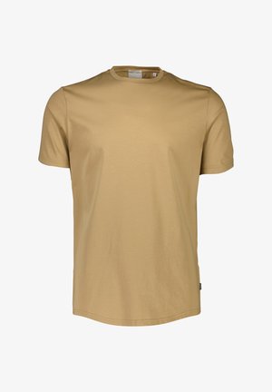 Beige T-Shirt mit kurzen Ärmeln, hergestellt aus weicher Baumwolle, mit Rundhalsausschnitt und lockerer Passform. Verfügt über minimale Nähte und keine sichtbare Markierung.