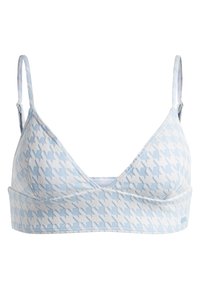 Bralette azul claro con estampado de pata de gallo, tirantes ajustables y un tejido suave y elástico. Presenta un diseño sin costuras y cómodo.