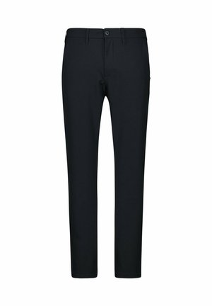 Black trousers made of a smooth fabric, featuring a straight leg design, belt loops, and a front button closure. Minimal stitching details.