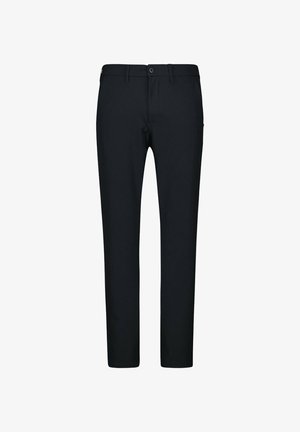 Zwarte broek gemaakt van een zachte stof, met een recht pijpdesign, ceintuurlussen en een sluiting met een frontknop. Minimaal stiksel.