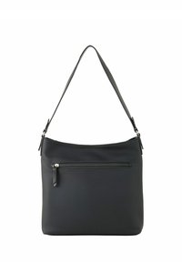 Borsa a tracolla in pelle nera con una sola tracolla regolabile, chiusura con zip laterale e tasca frontale con zip per ulteriore spazio di archiviazione. Texture liscia, forma rettangolare.