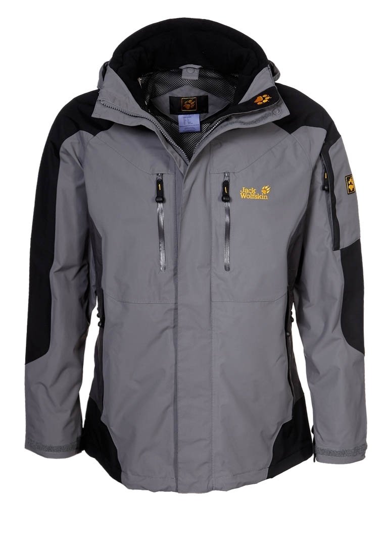 Pánská voděodolná bunda se šedými a černými panely. Má nastavitelnou kapuci, zipové kapsy a texturovanou vnitřní podšívku.