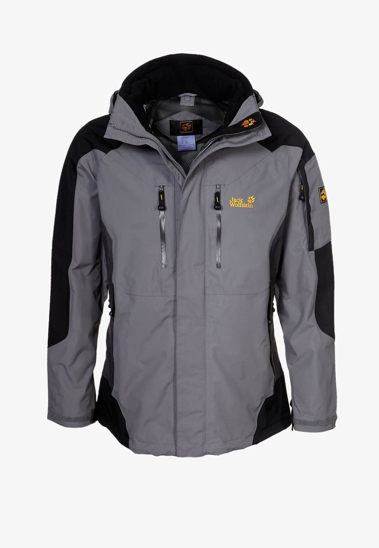 Pánská voděodolná bunda se šedými a černými panely. Má nastavitelnou kapuci, zipové kapsy a texturovanou vnitřní podšívku.