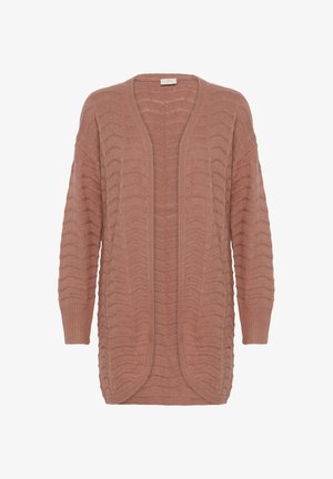 Long dusty pink knitted cardigan with open front, ribbed cuffs, and wave-like textured pattern throughout.