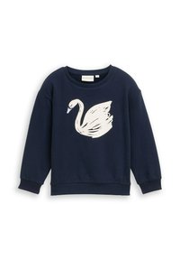 Granatowy sweatshirt z długimi rękawami, z białą grafiką łabędzia z przodu. Wykonany z miękkiego materiału z ściągaczami na rękawach i dolnym brzegu.