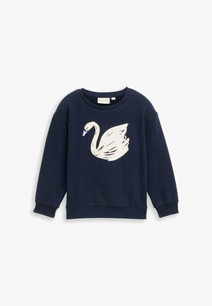 Dunkelblaues Sweatshirt mit langen Ärmeln, auf der Vorderseite mit einem weißen Schwanen-Motiv. Hergestellt aus weichem Stoff mit gerippten Manschetten und Saum.