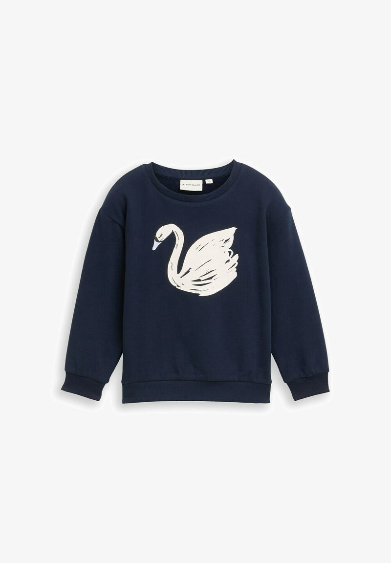 Granatowy sweatshirt z długimi rękawami, z białą grafiką łabędzia z przodu. Wykonany z miękkiego materiału z ściągaczami na rękawach i dolnym brzegu.