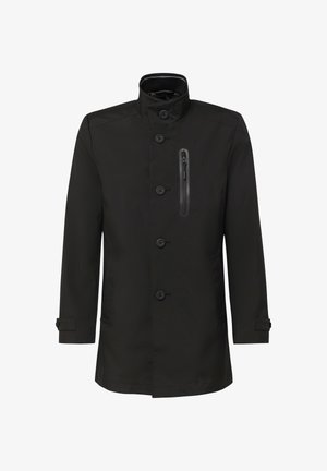 Schwarzer Mantel mittlerer Länge mit Stehkragen, Knöpfen vorne, Reißverschluss-Brusttasche und verstellbaren Handgelenkriemen, auf weißem Hintergrund dargestellt.