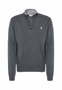 Maglione a girocollo in grigio scuro, realizzato in tessuto morbido, con collo a mezza zip, polsini a coste e un piccolo logo ricamato sul petto.