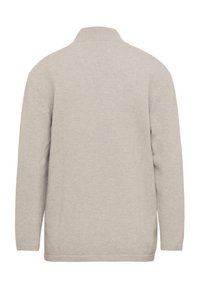 Hellgrauer Pullover, gestrickte Textur, lange Ärmel, Kragenansatz, gerader Saum, minimalistisches Design, ohne Verzierungen oder Muster.